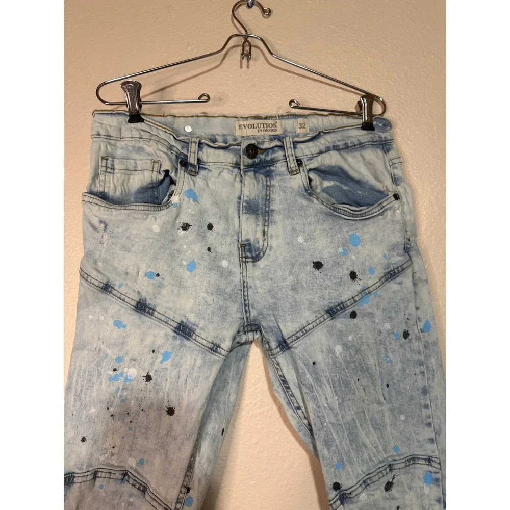 Evolution In Design Mens Moto Jeans 32x30 Acid Wash Paint Splatter Slim Fit Blue